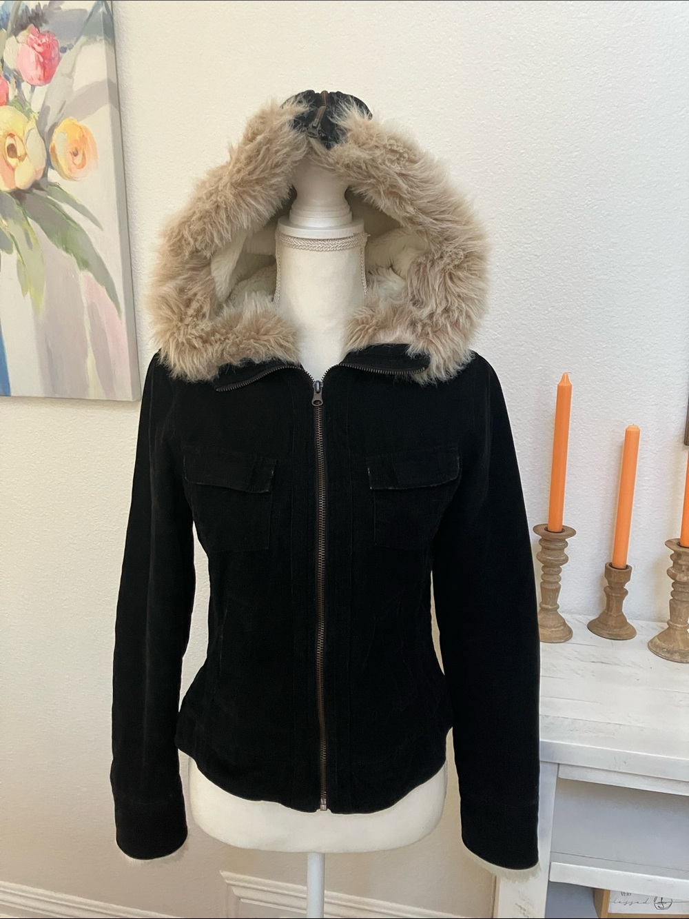 Vintage Wet Seal Black corduroy Jacket with Beige Faux Fur Hood Trim